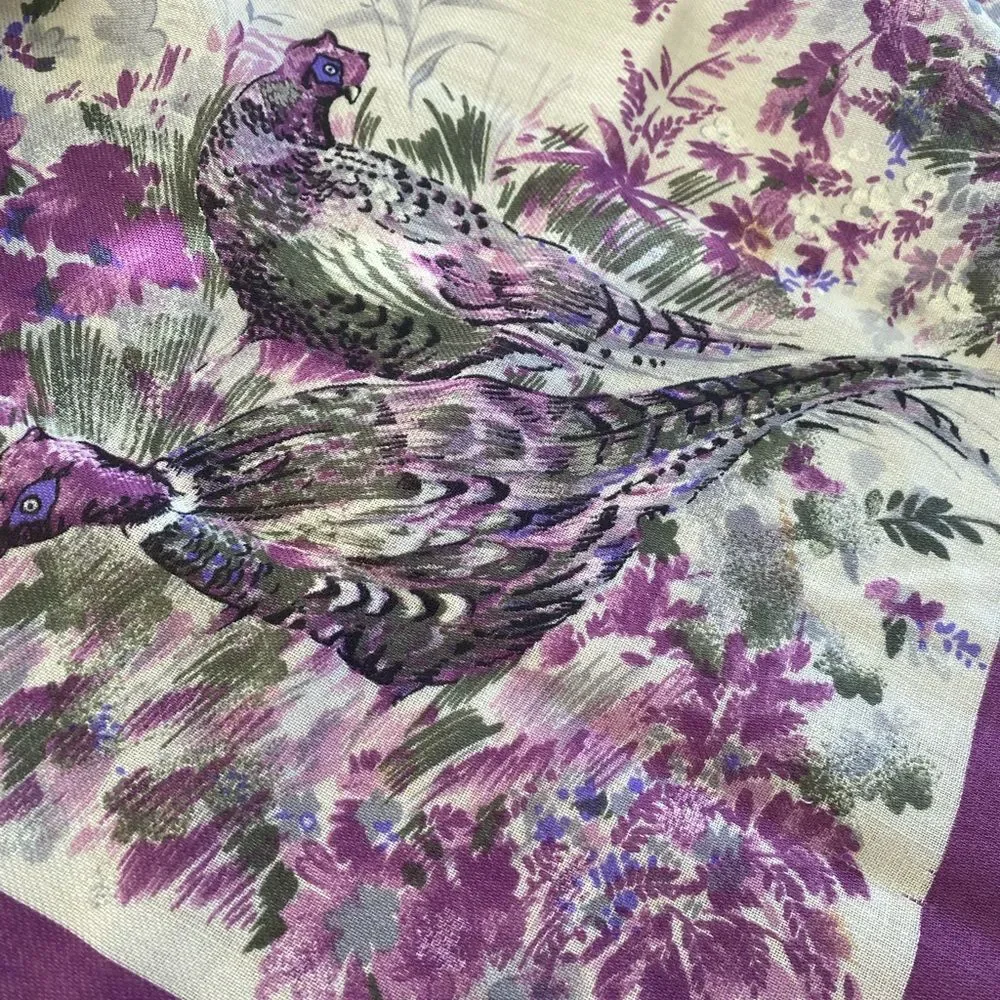 Challis Pheasant Print Equestrian Style Raw Hem Square Scarf
